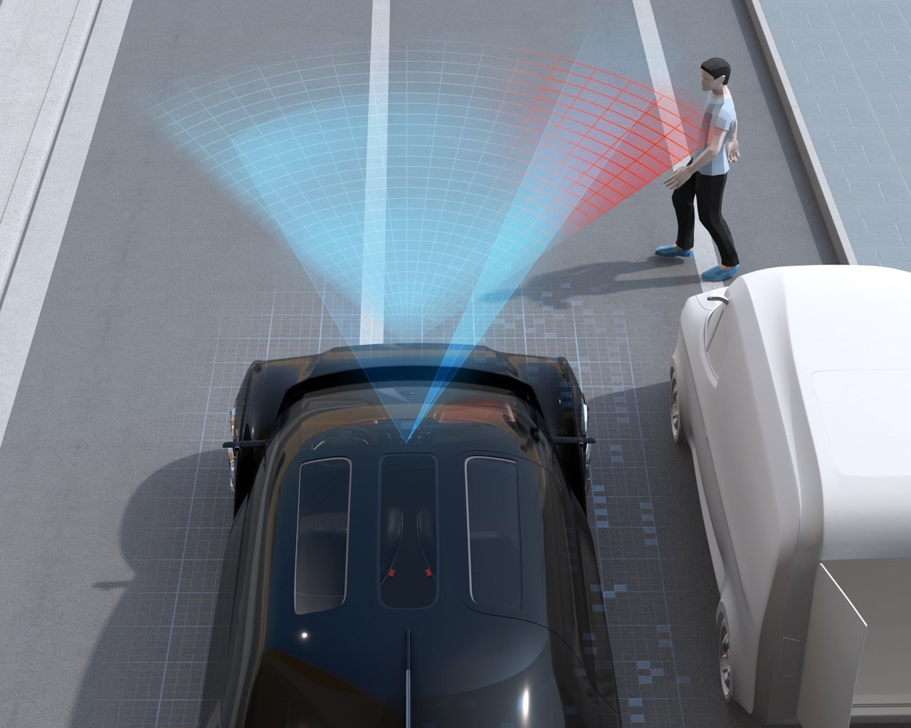 Une voiture autonome qui détecte un piéton et évite l'accident